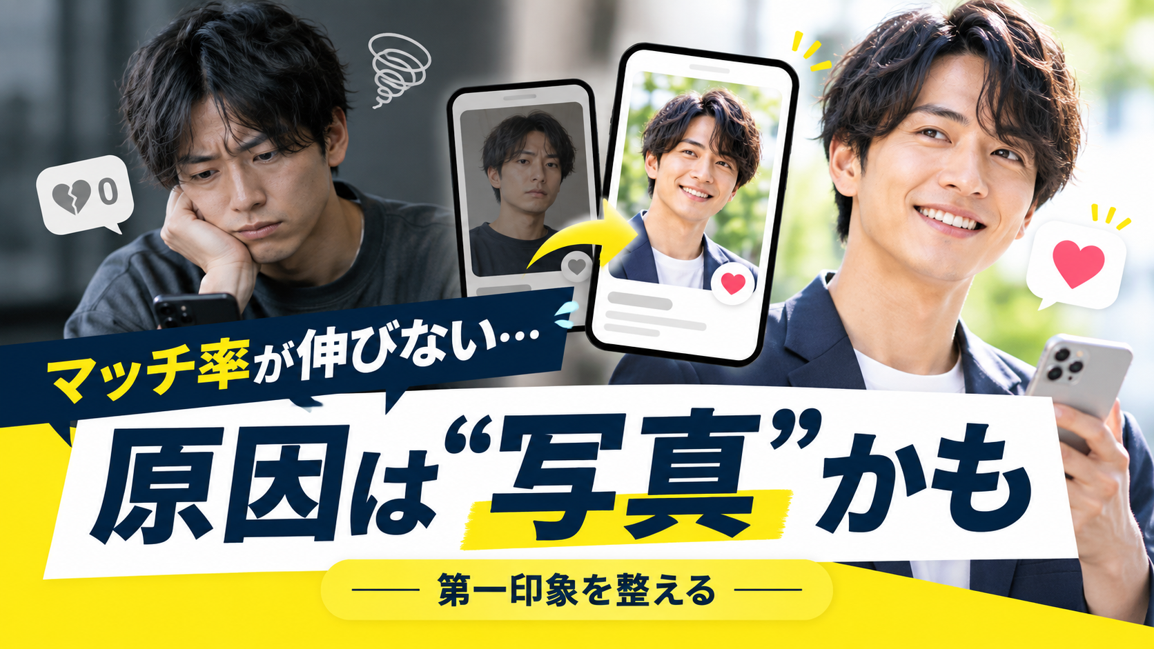 マッチ率が伸びない男性向けのプロフィール写真改善イメージ