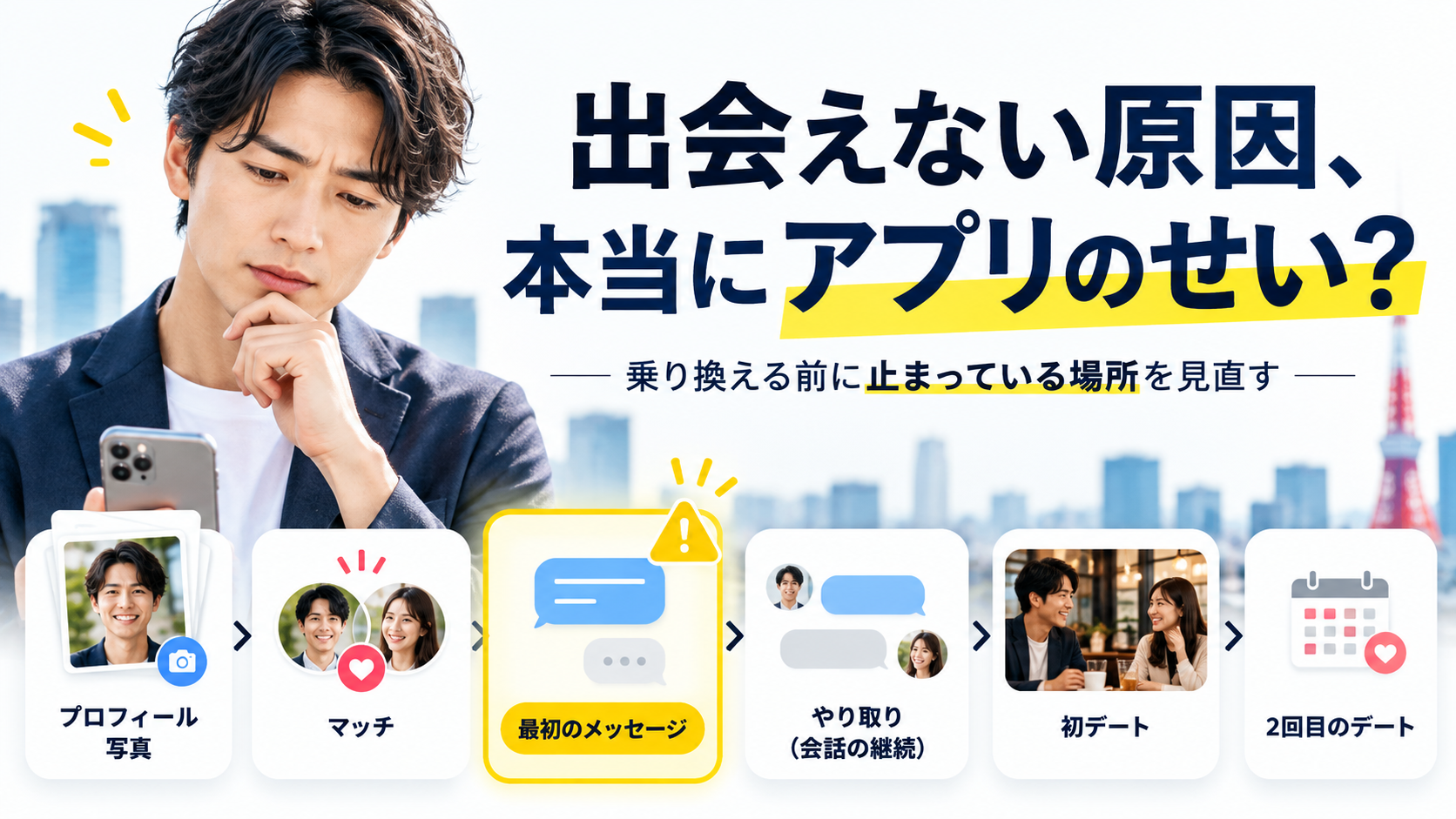マッチングアプリで出会えない原因を段階別に確認するイメージ
