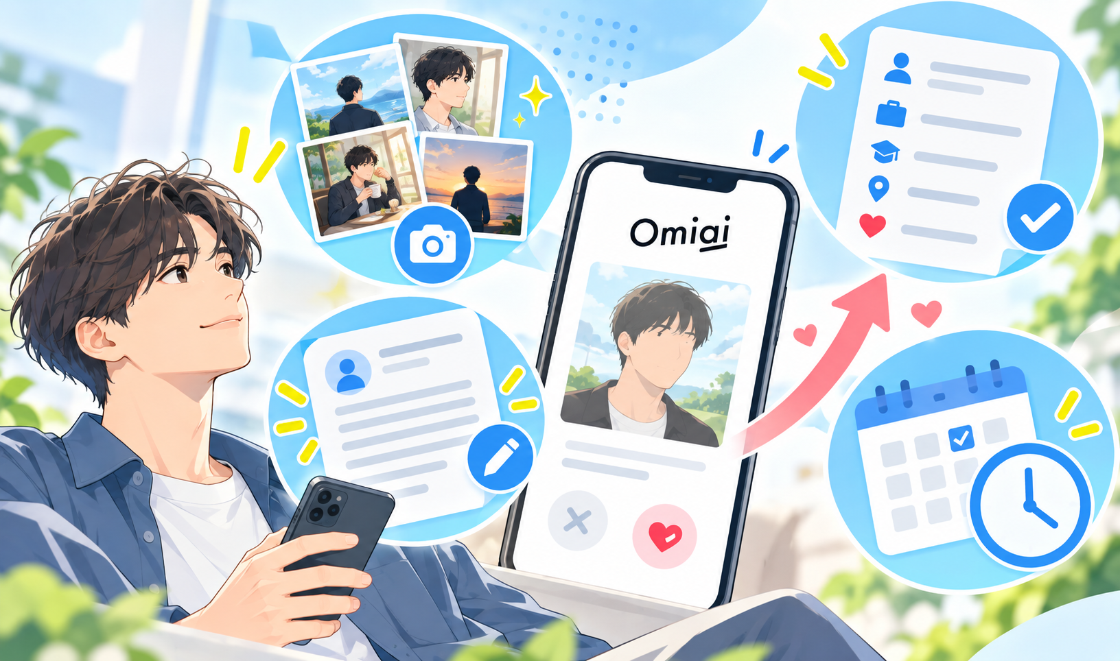 Omiaiで男性が優先したいプロフィール改善のポイント。写真4枚、自己紹介文500文字以上、詳細項目の入力、毎日のログイン
