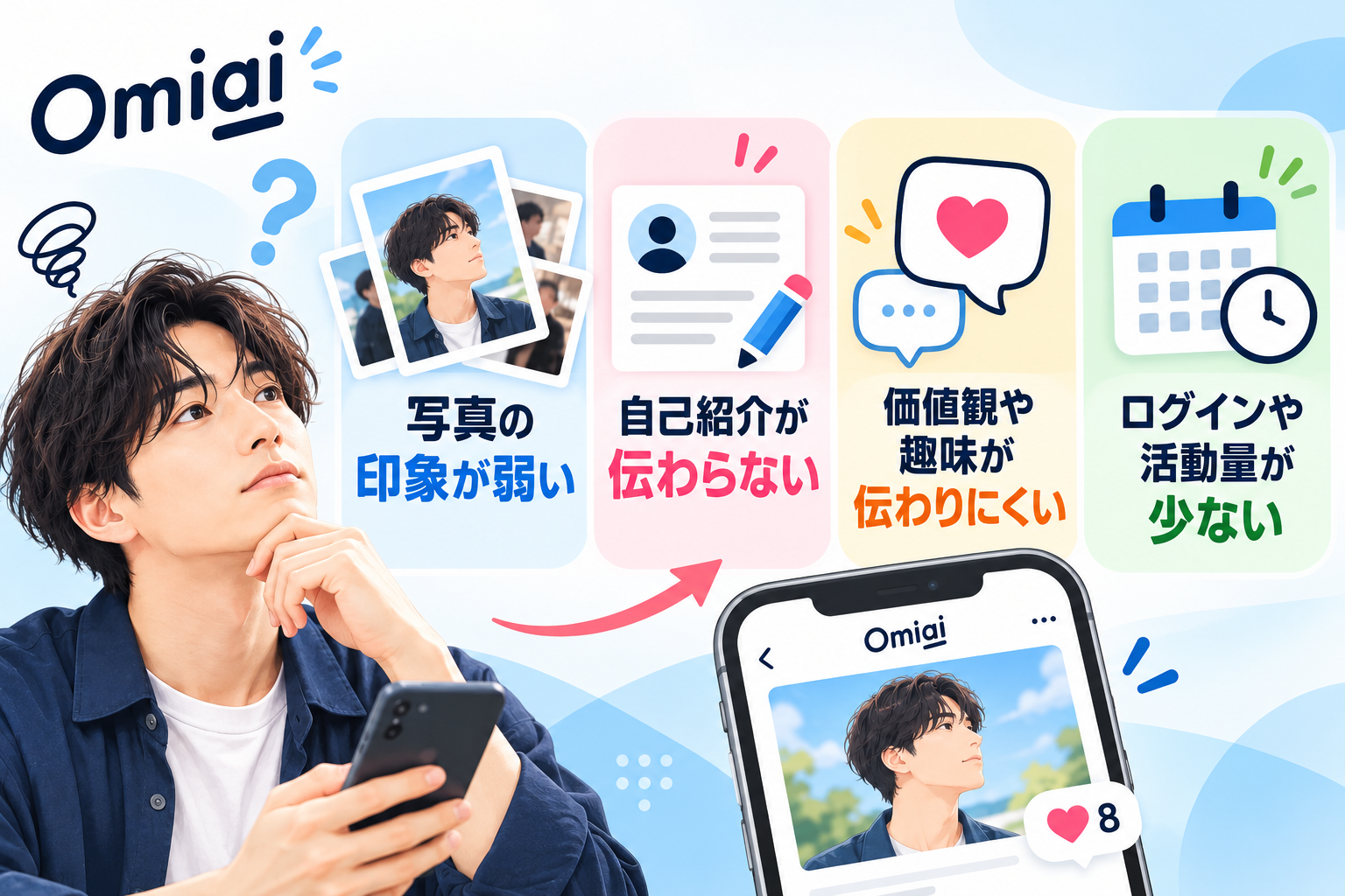 Omiaiで男性のいいね数が少ない原因。写真・自己紹介文・価値観の伝え方・活動量を解説