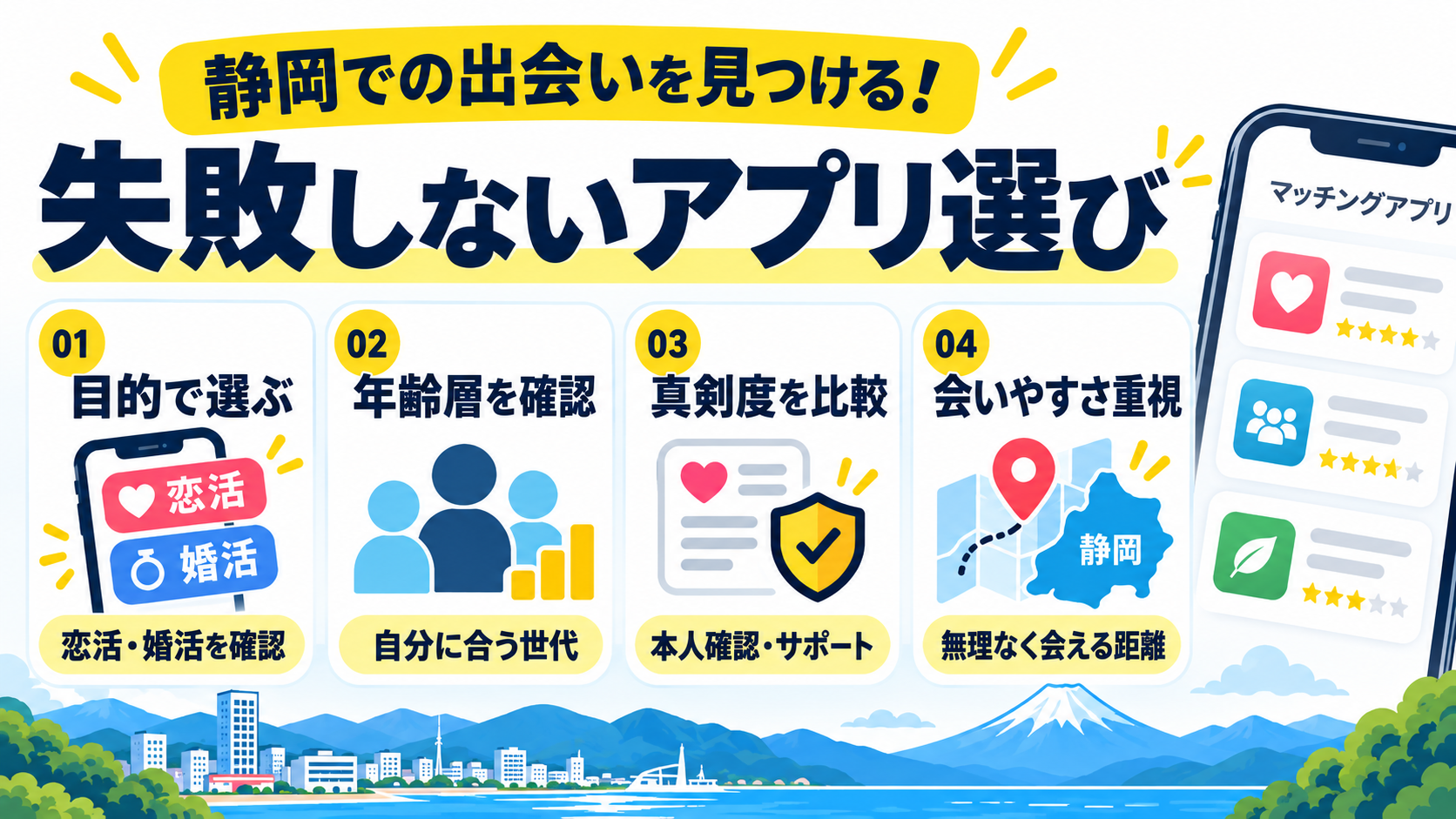 静岡でのマッチングアプリ選びで重要な年齢層・真剣度・会いやすい距離を示したイラスト